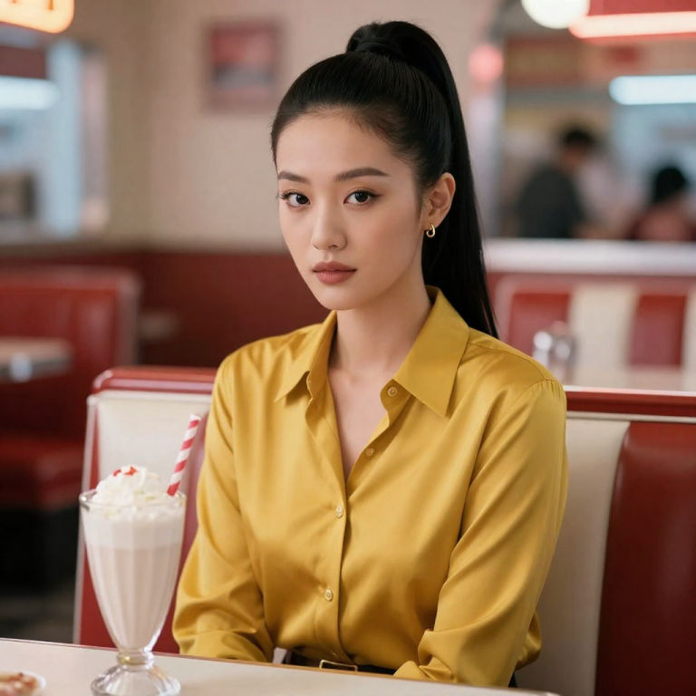 AI-generated portrait of a fictional adult woman with a high ponytail in a mustard-yellow silk blouse seated in a retro diner booth, produced with HeyCreator